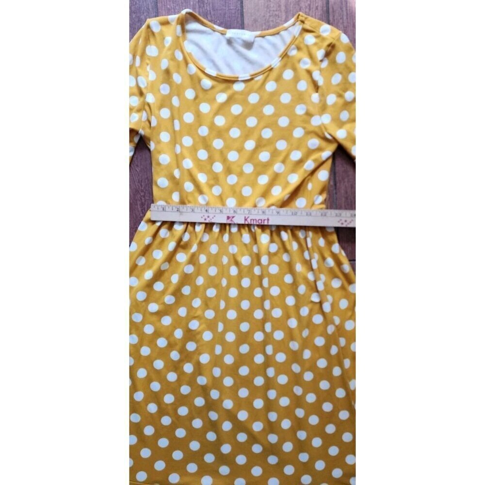 Mustard Yellow Polka Dot Retro Rockabilly Waist Midi Dress Ruffle Fit Flare Soft - Picture 9 of 9